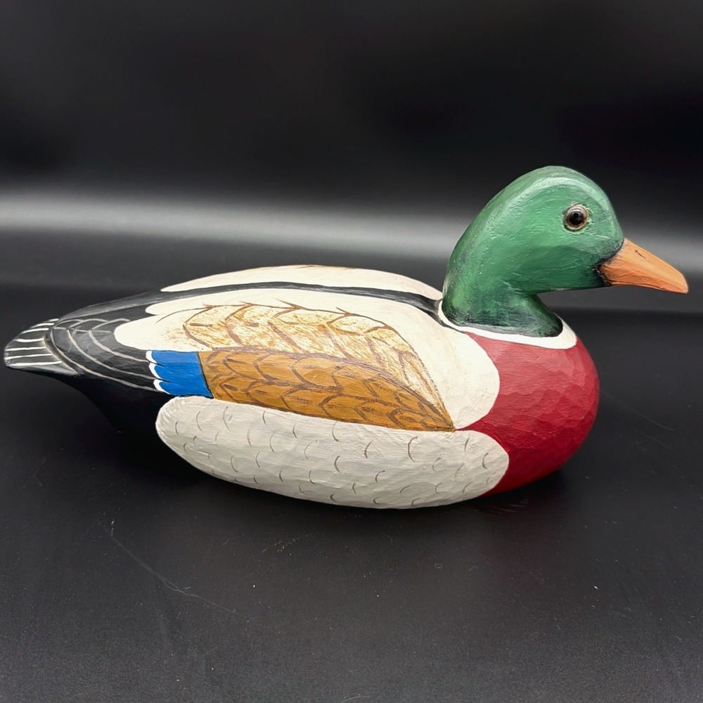 Hand Carved Wood Mallard Duck Figurine Painted Folk Art Bird Decor